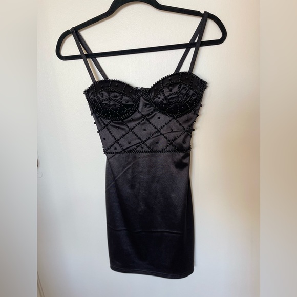 Black Satin Beaded Bustier Bodycon Mini Dress - Picture 4 of 7